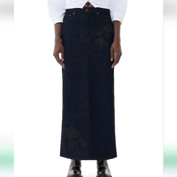 unknown Dresses & Skirts - Black Denim Maxi Skirt with Floral Embroidery